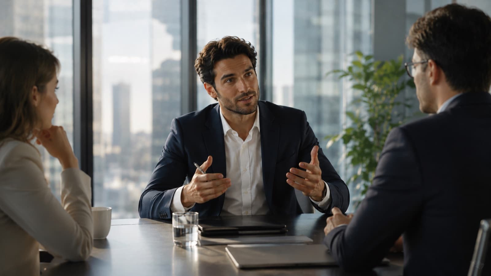 A composed professional speaking with conviction across a boardroom table.