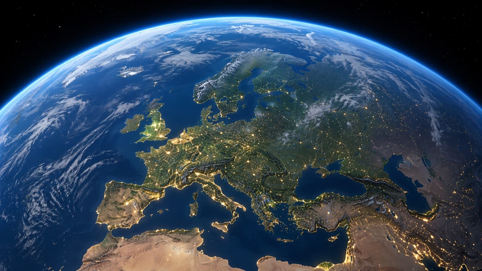 Earth from space at night, Europe lit up with city lights – global, connected.